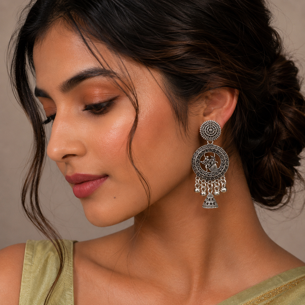 The99Jewel Oxidised Plated Pearl Peacock Jhumki Earrings
