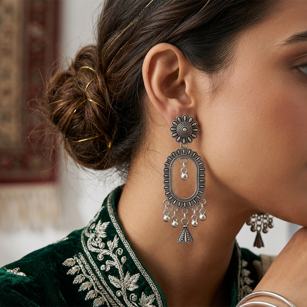The99Jewel Oxidised Plated Pearl Jhumki Earrings