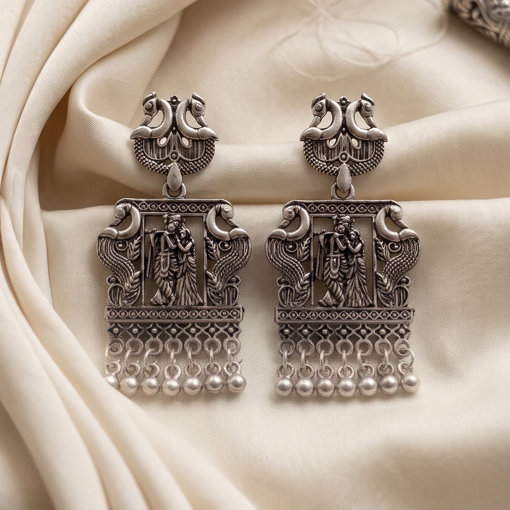 The99Jewel Oxidised Plated Peackock & Tempel Pearl Dangler Earrings