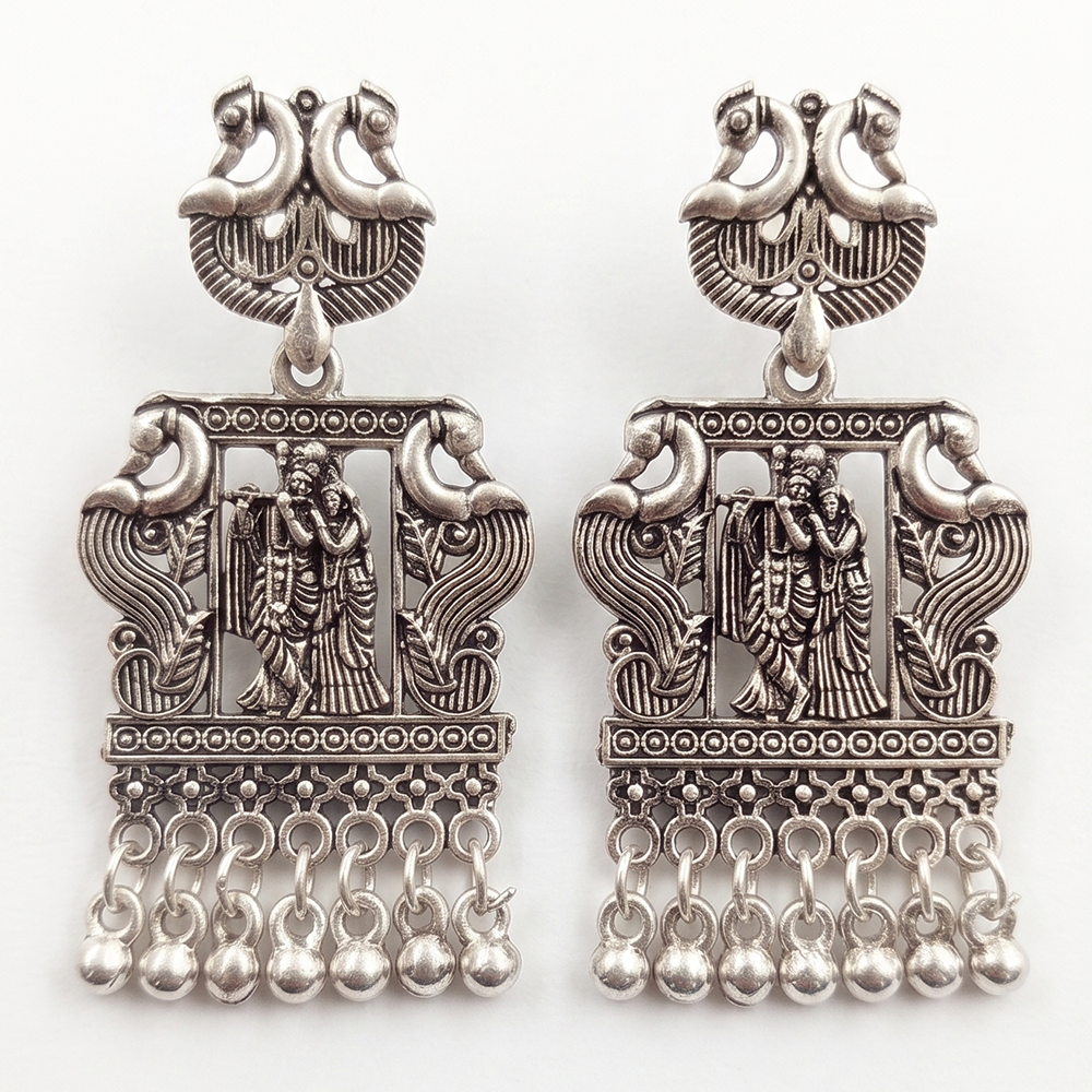 The99Jewel Oxidised Plated Peackock & Tempel Pearl Dangler Earrings