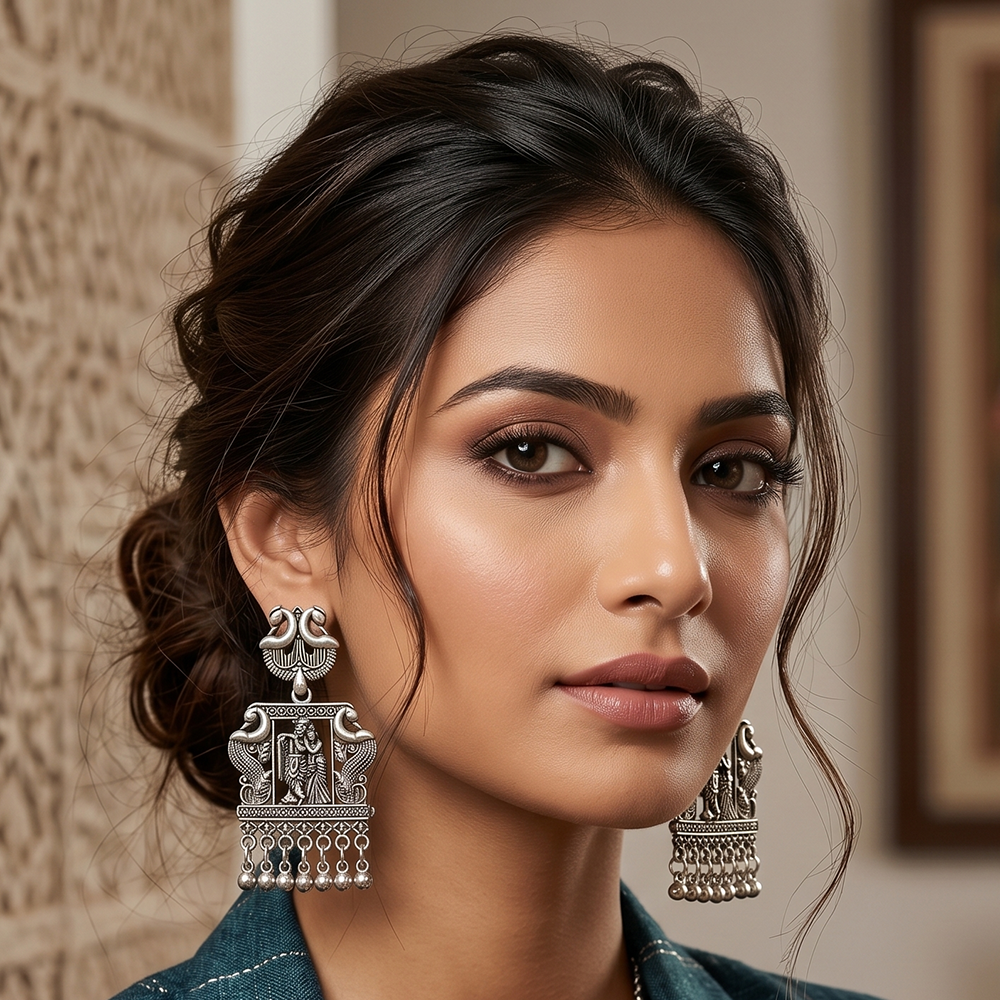 The99Jewel Oxidised Plated Peackock & Tempel Pearl Dangler Earrings