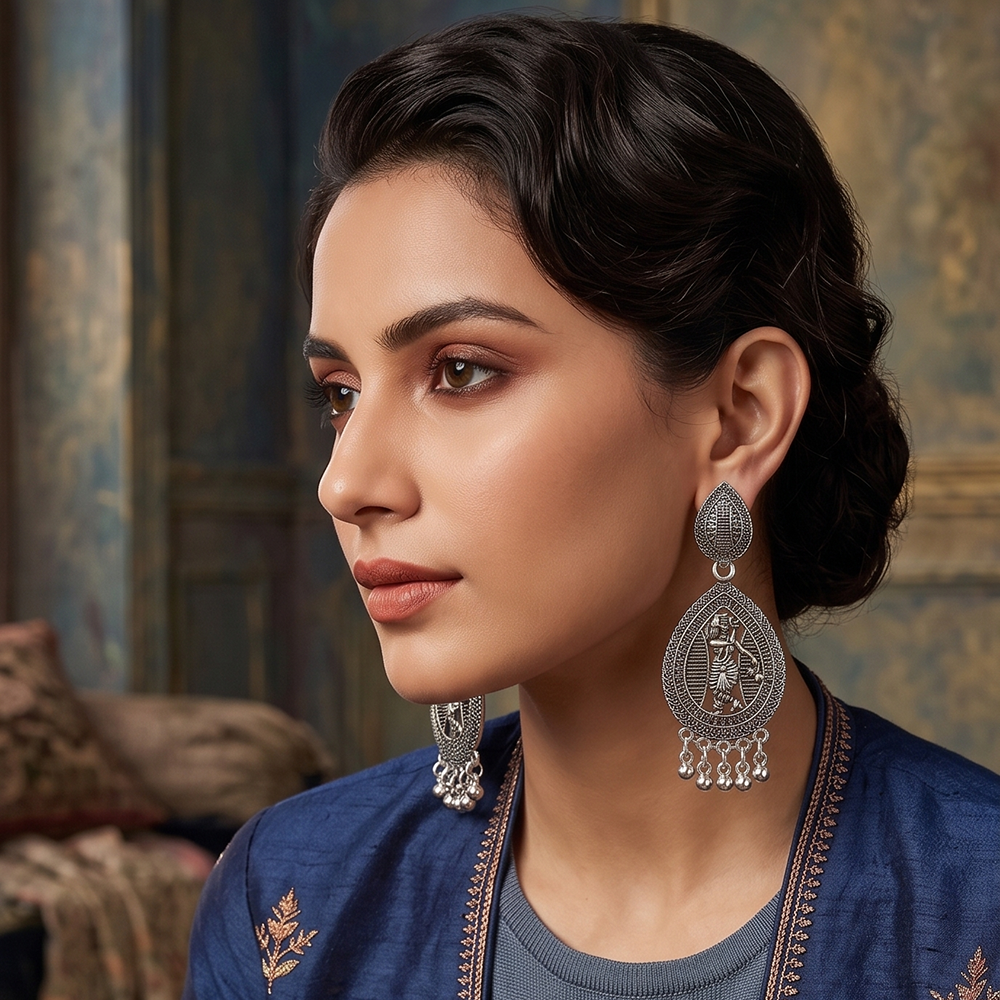 The99Jewel Oxidised Plated Tempel Pearl Dangler Earrings