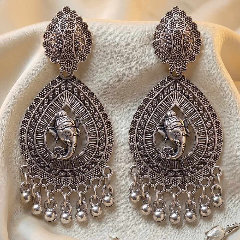 The99Jewel Oxidised Plated Ganesha Lord Pearl Dangler Earrings 
