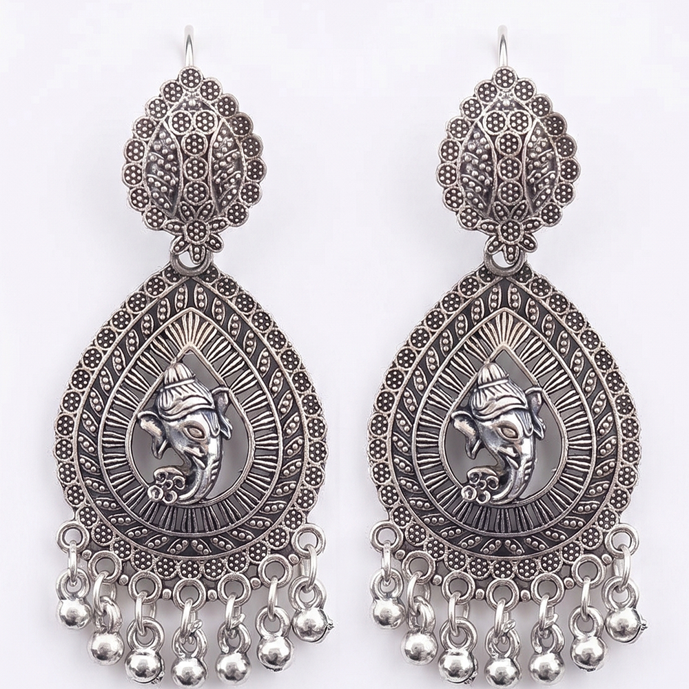 The99Jewel Oxidised Plated Ganesha Lord Pearl Dangler Earrings