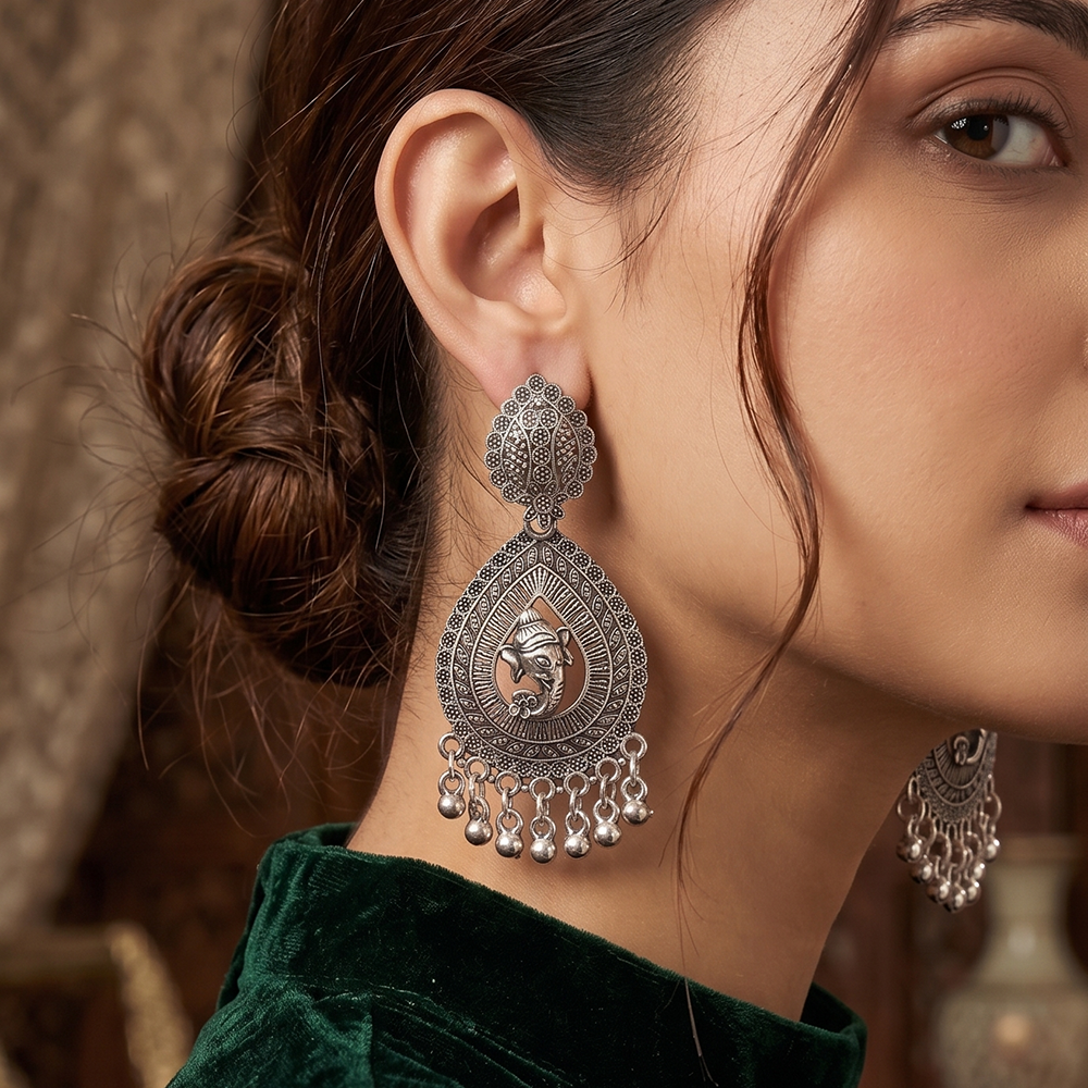 The99Jewel Oxidised Plated Ganesha Lord Pearl Dangler Earrings