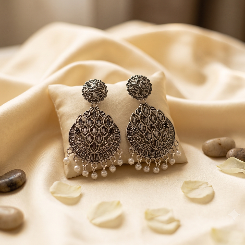 The99Jewel Oxidised Plated Pearl Dangler Earrings 