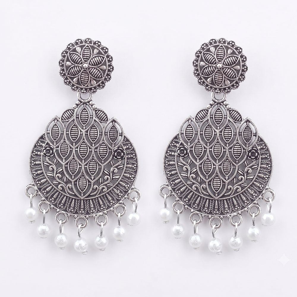 The99Jewel Oxidised Plated Pearl Dangler Earrings