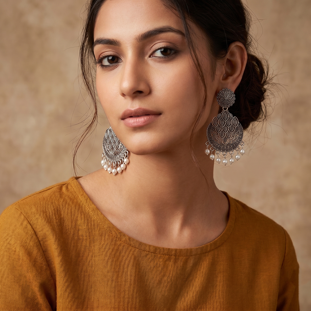 The99Jewel Oxidised Plated Pearl Dangler Earrings