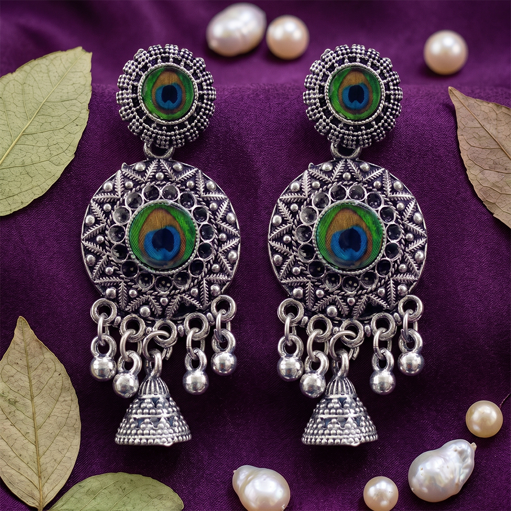 The99Jewel Oxidised Plated Peacock Inspired Jhumki Earrings