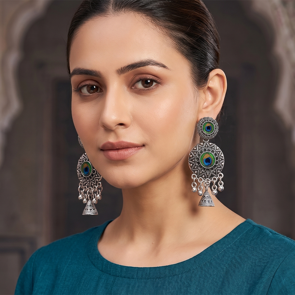 The99Jewel Oxidised Plated Peacock Inspired Jhumki Earrings