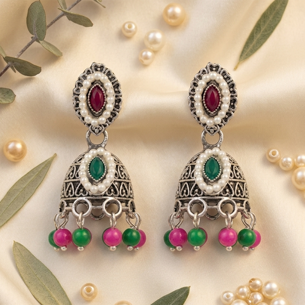 The99Jewel Oxidised Plated Pota Stone & Pearl Jhumki Earrings