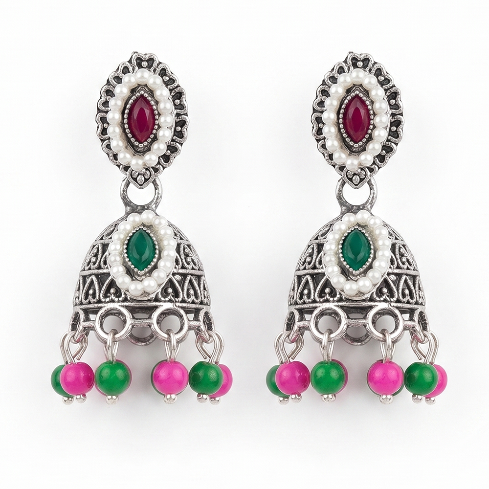 The99Jewel Oxidised Plated Pota Stone & Pearl Jhumki Earrings