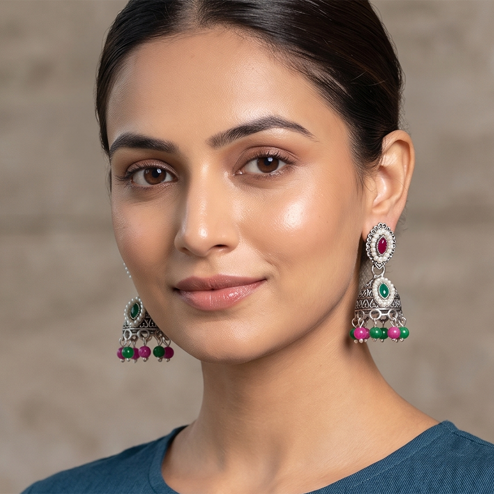 The99Jewel Oxidised Plated Pota Stone & Pearl Jhumki Earrings
