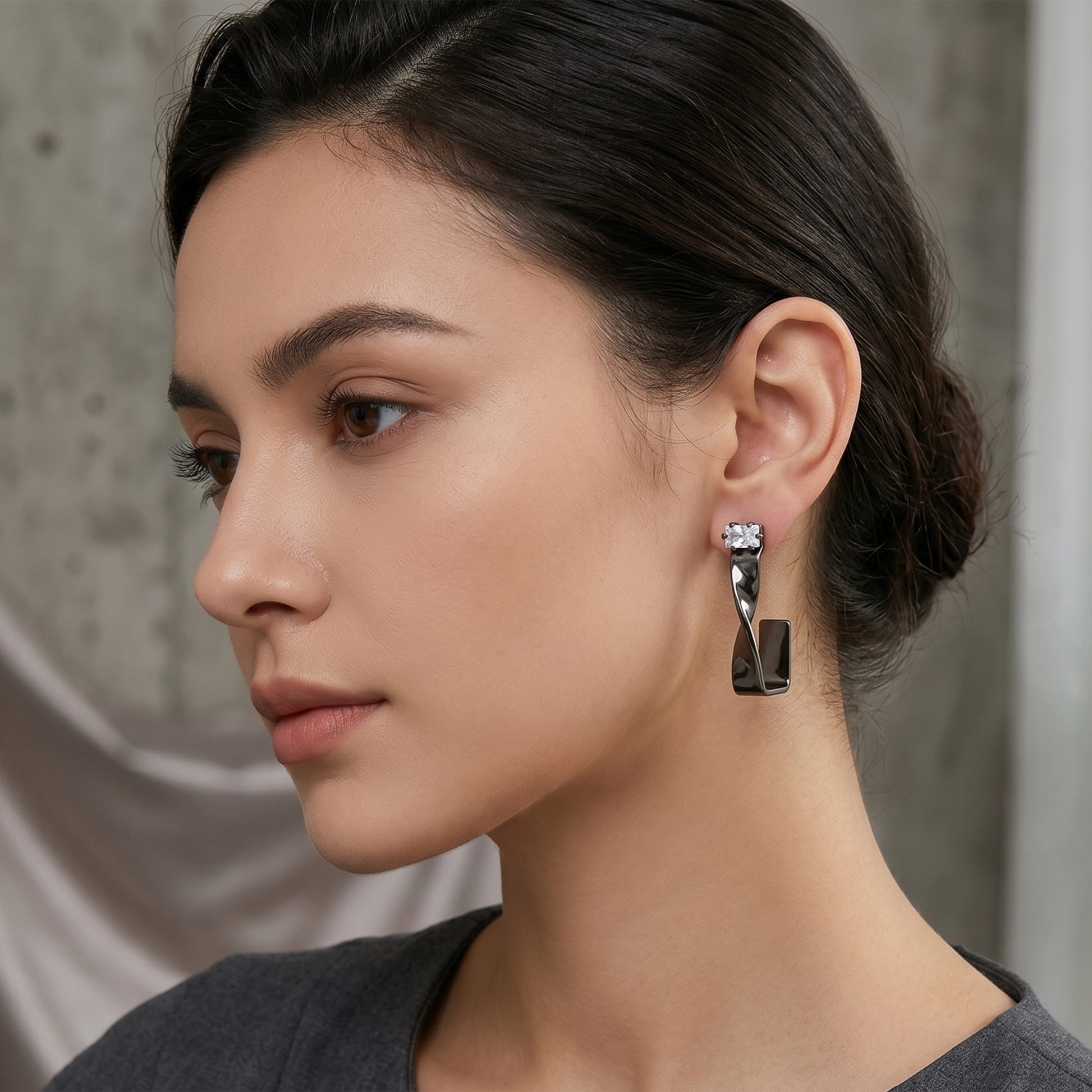 The99Jewel Black Plated Austrian Stone Twisted Shape Earrings