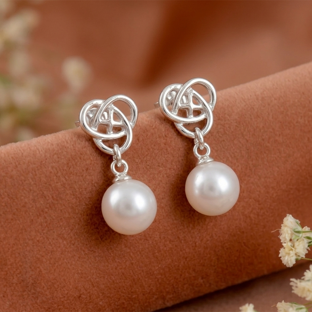 The99Jewel Stylish Silver Knot Pearl Drop Earrings