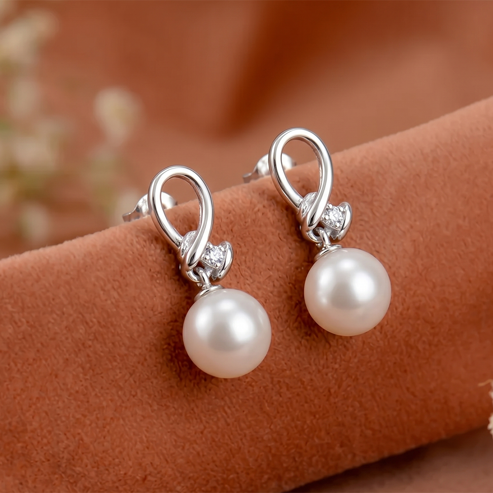 The99Jewel Elegant Silver Loop Pearl Drop Earrings with Stone Accent