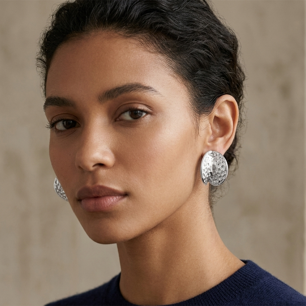 The99Jewel  Glamorous Silver Plated Hammered Oval  Stud Earrings