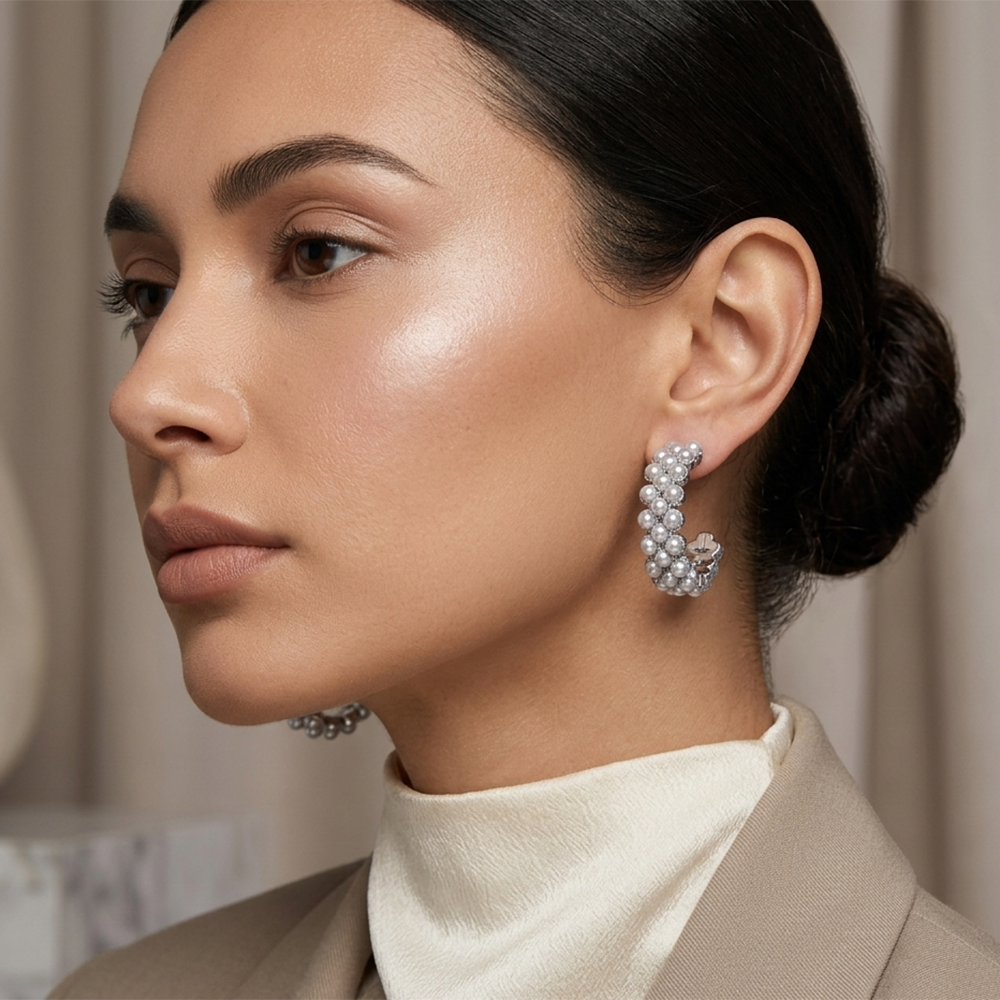 The99Jewel  Classy Silver-Toned Pearl Stud Earrings for Women