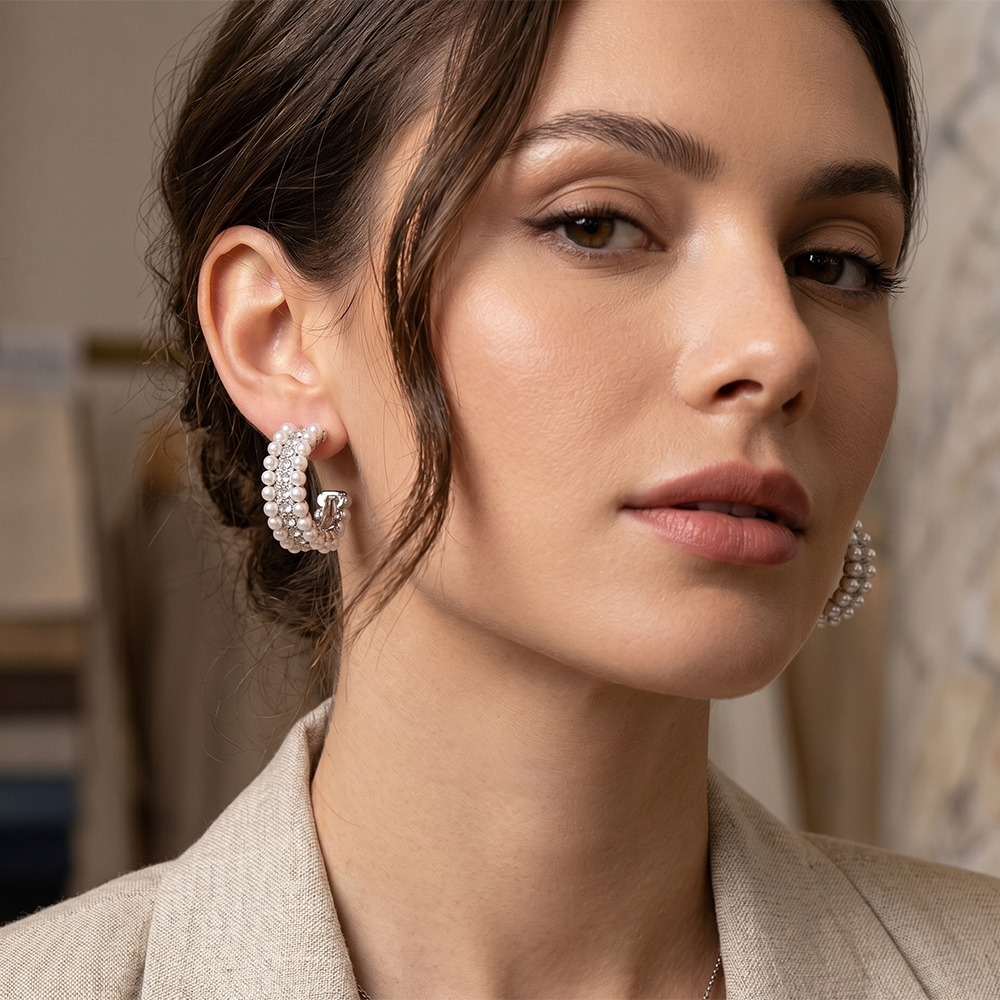 The99Jewel  Classy Silver-Toned Pearl Stud Earrings for Women