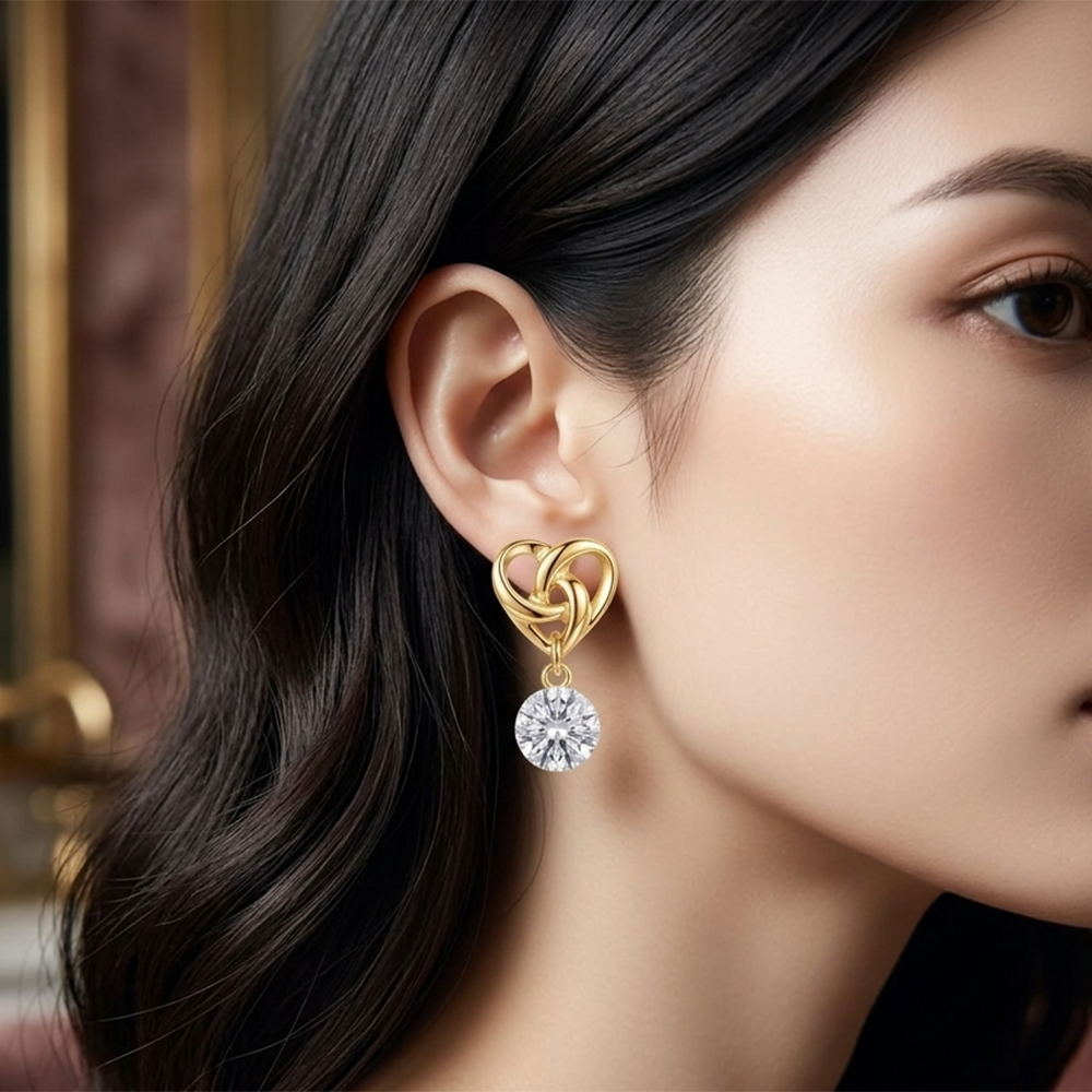 The99Jewel Gold-Toned Heart Knot Crystal Drop Earrings for Women