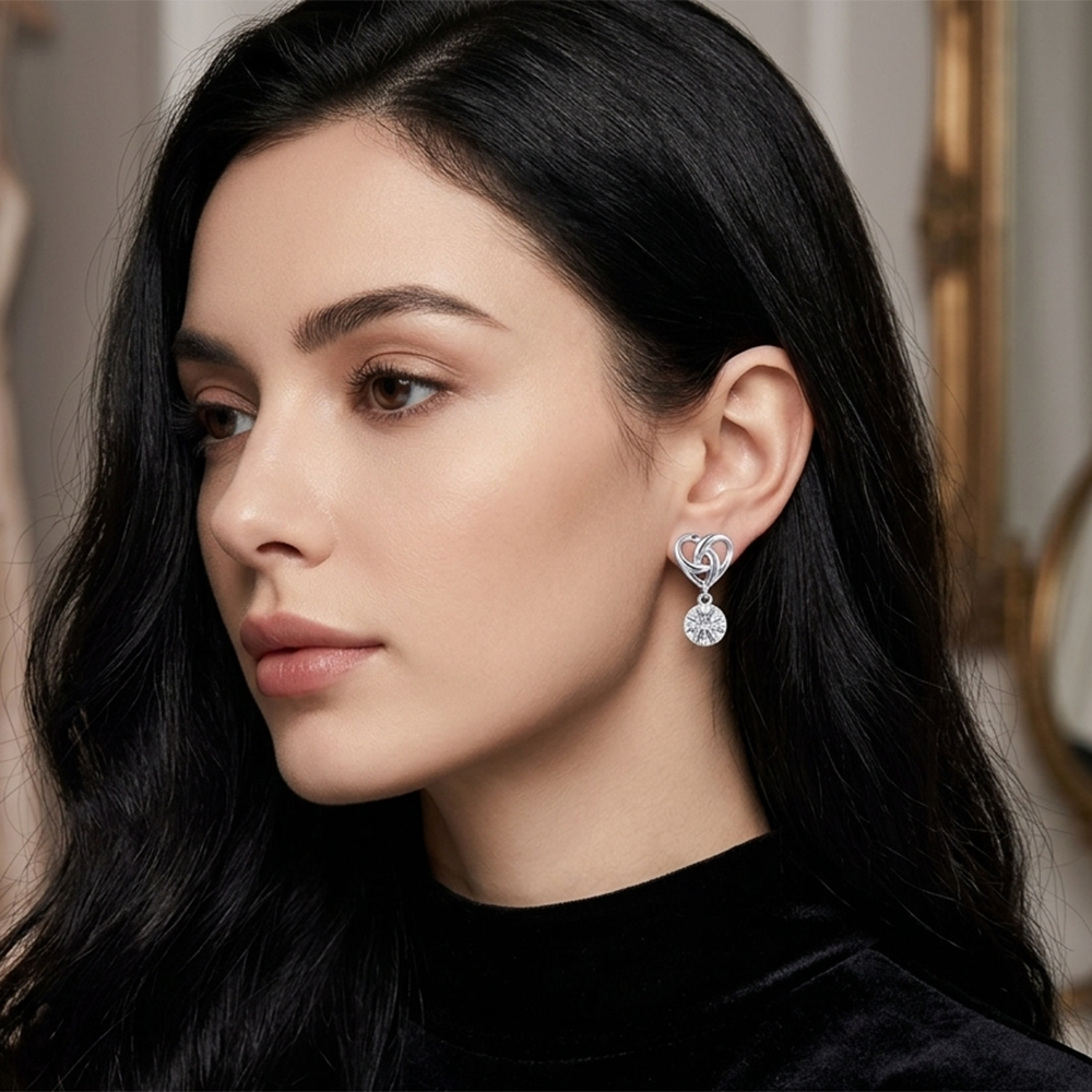 The99Jewel Silver-Toned Heart Knot Crystal Drop Earrings for Women