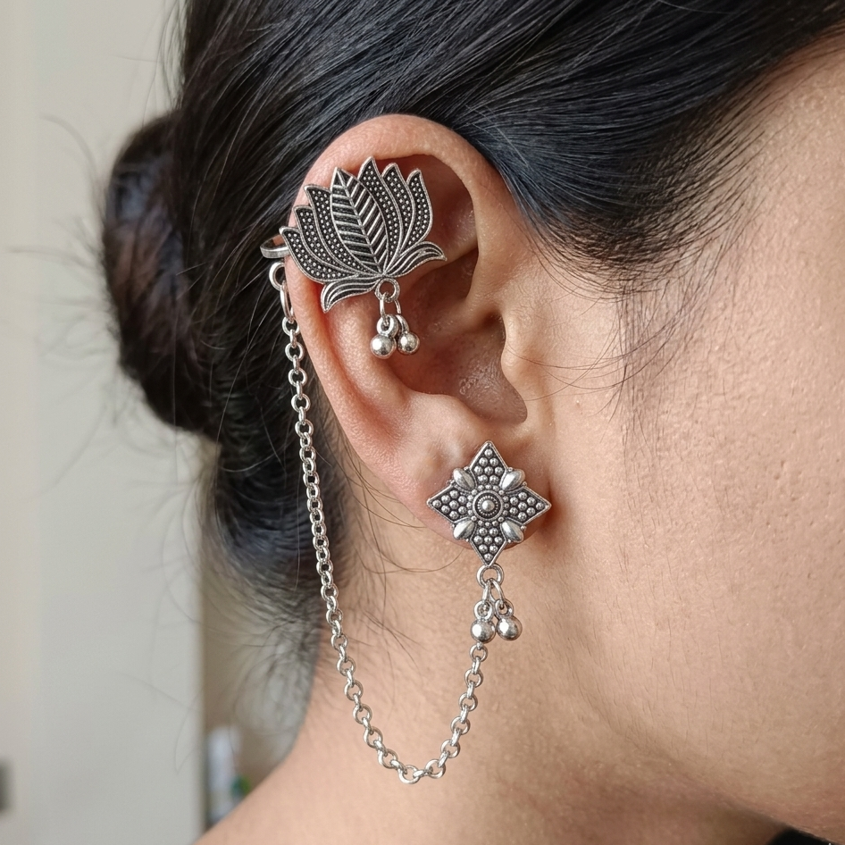 The99Jewel Oxidised Lotus Chain Ear Cuff Earrings