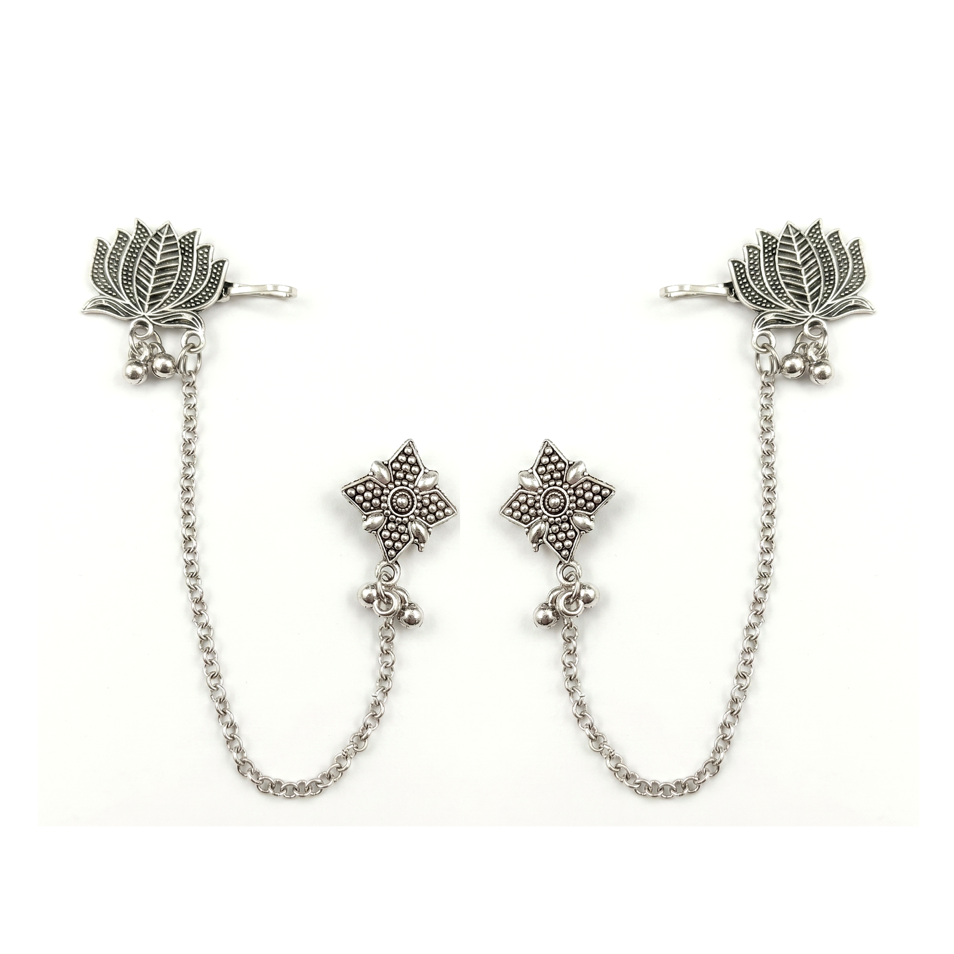 The99Jewel Oxidised Lotus Chain Ear Cuff Earrings