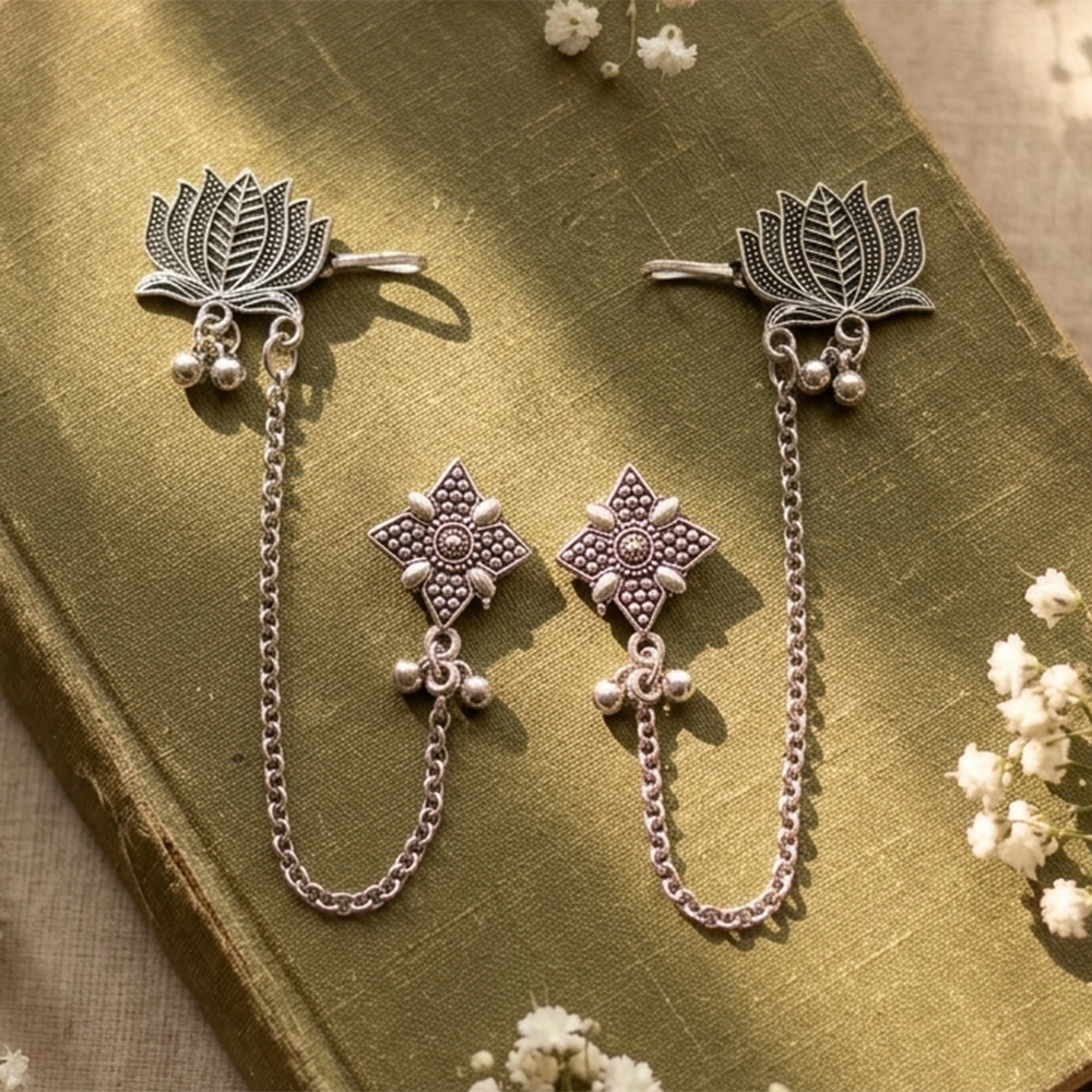 The99Jewel Oxidised Lotus Chain Ear Cuff Earrings