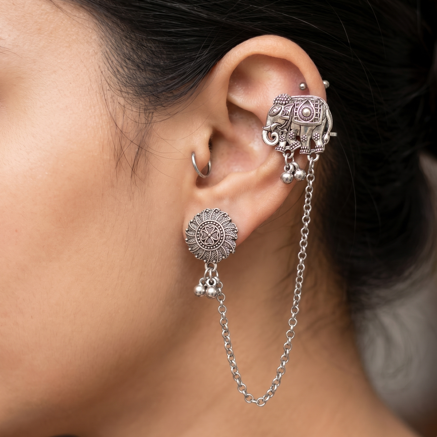 The99Jewel Oxidised Elephant Chain Ear Cuff Earrings