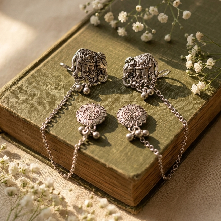 The99Jewel Oxidised Elephant Chain Ear Cuff Earrings