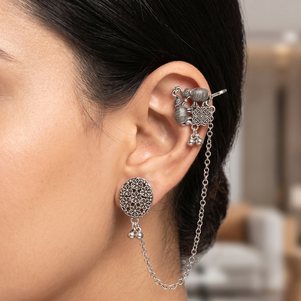 The99Jewel Oxidised Double Elephant Chain Ear Cuff Earrings