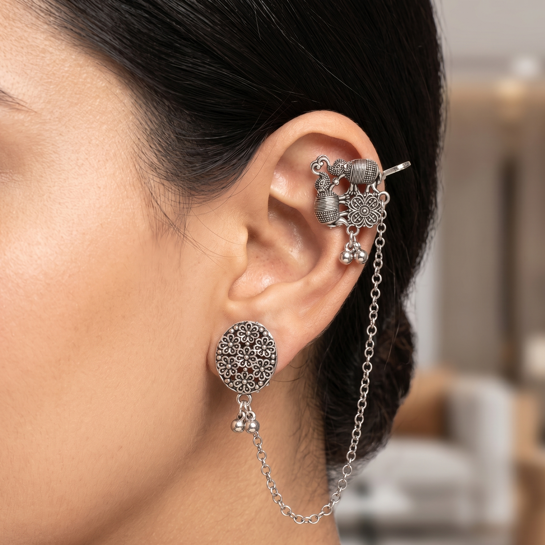 The99Jewel Oxidised Double Elephant Chain Ear Cuff Earrings