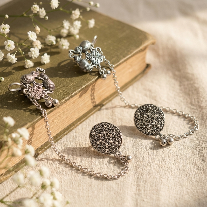 The99Jewel Oxidised Double Elephant Chain Ear Cuff Earrings