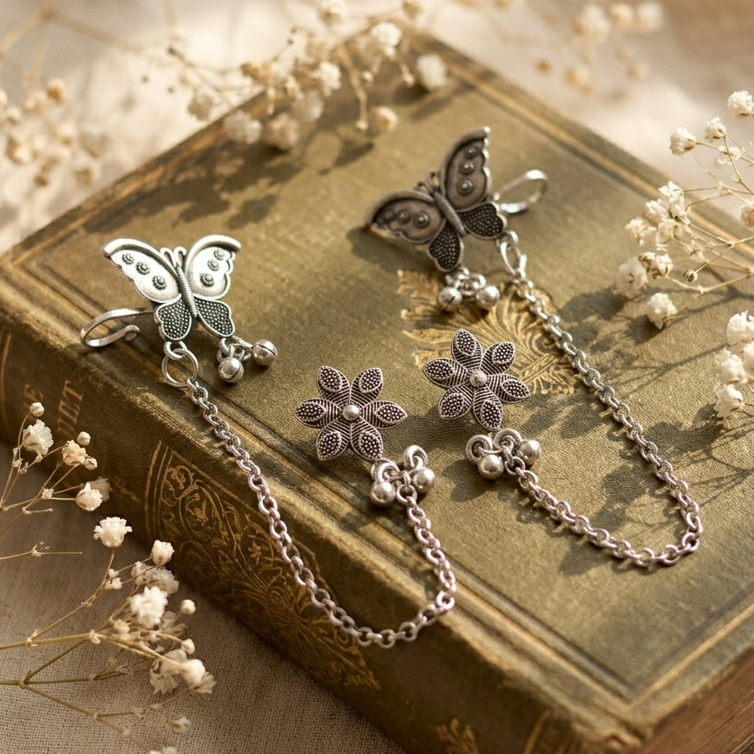 The99Jewel Oxidised Butterfly Chain Ear Cuff Earrings