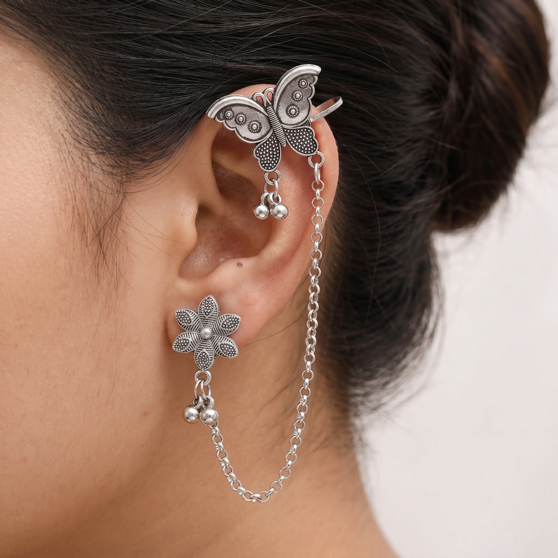 The99Jewel Oxidised Butterfly Chain Ear Cuff Earrings