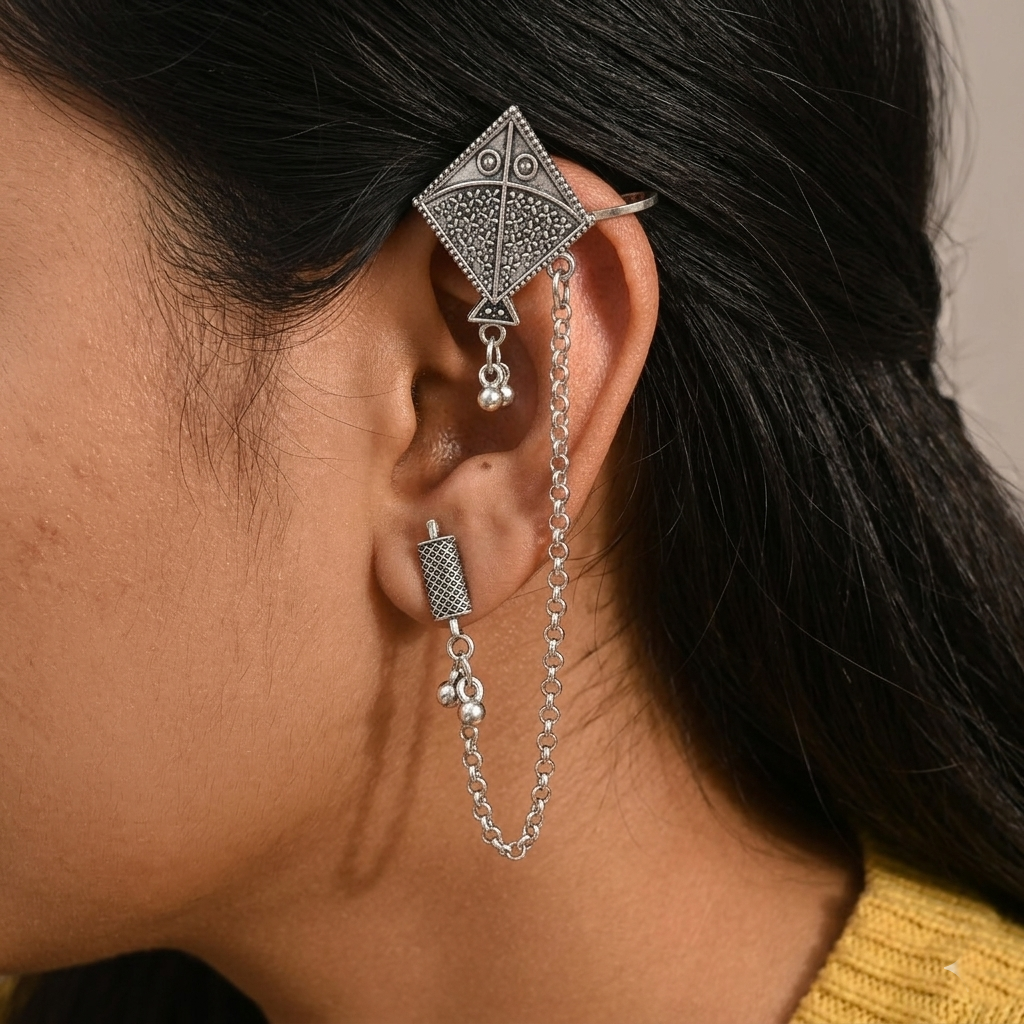 The99Jewel Oxidised Kite Chain Ear Cuff Earrings