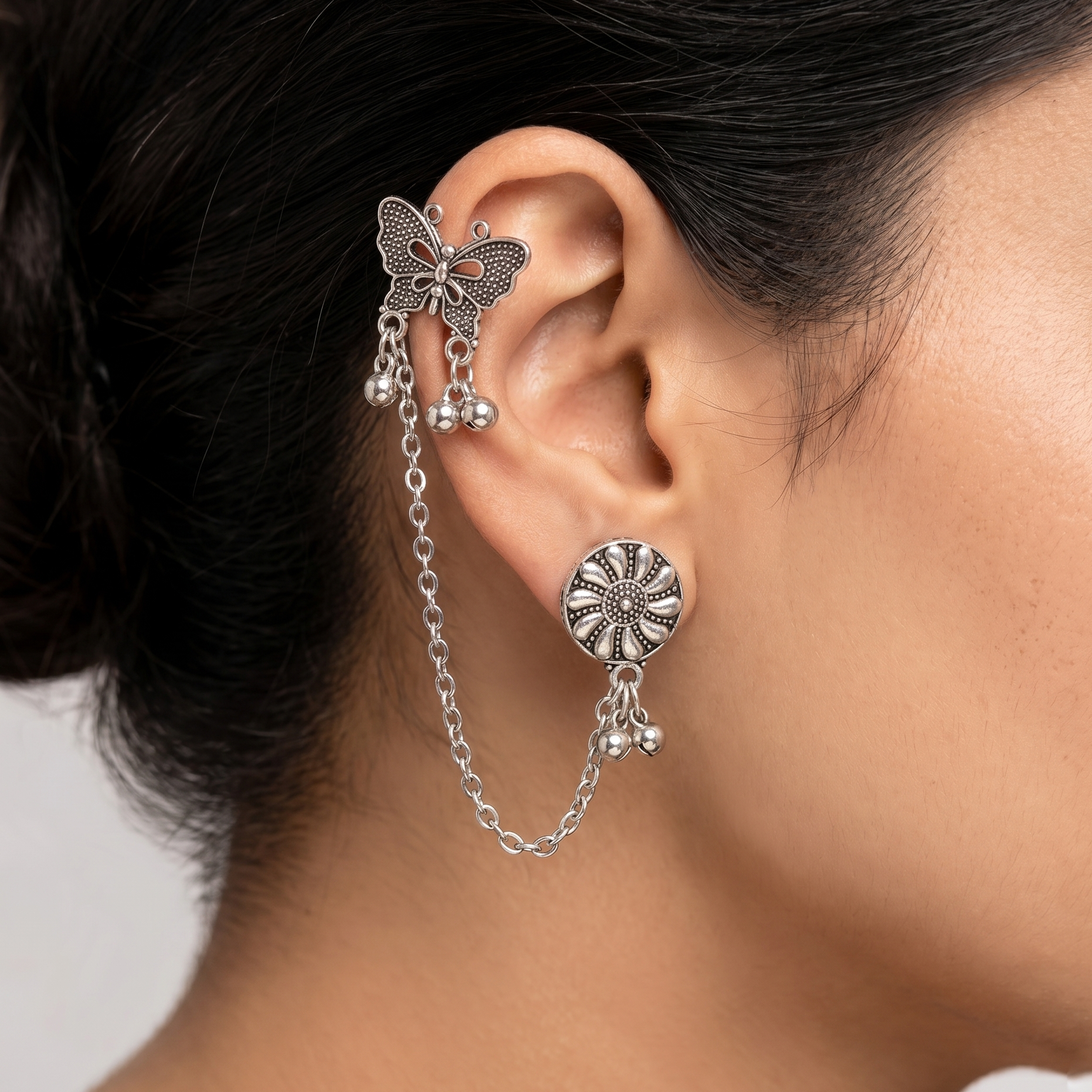 The99Jewel Oxidised Butterfly Chain Ear Cuff Earrings