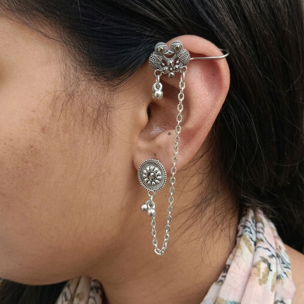 The99Jewel Oxidised Elephant Chain Ear Cuff Earrings