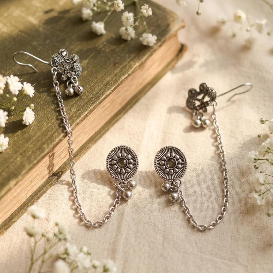 The99Jewel Oxidised Elephant Chain Ear Cuff Earrings