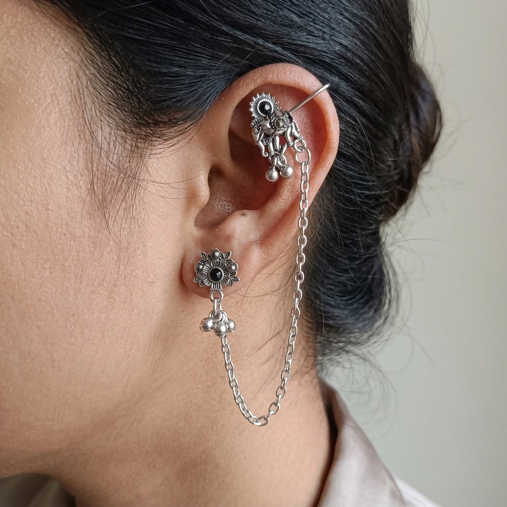 The99Jewel Oxidised Elephant Chain Ear Cuff Earrings