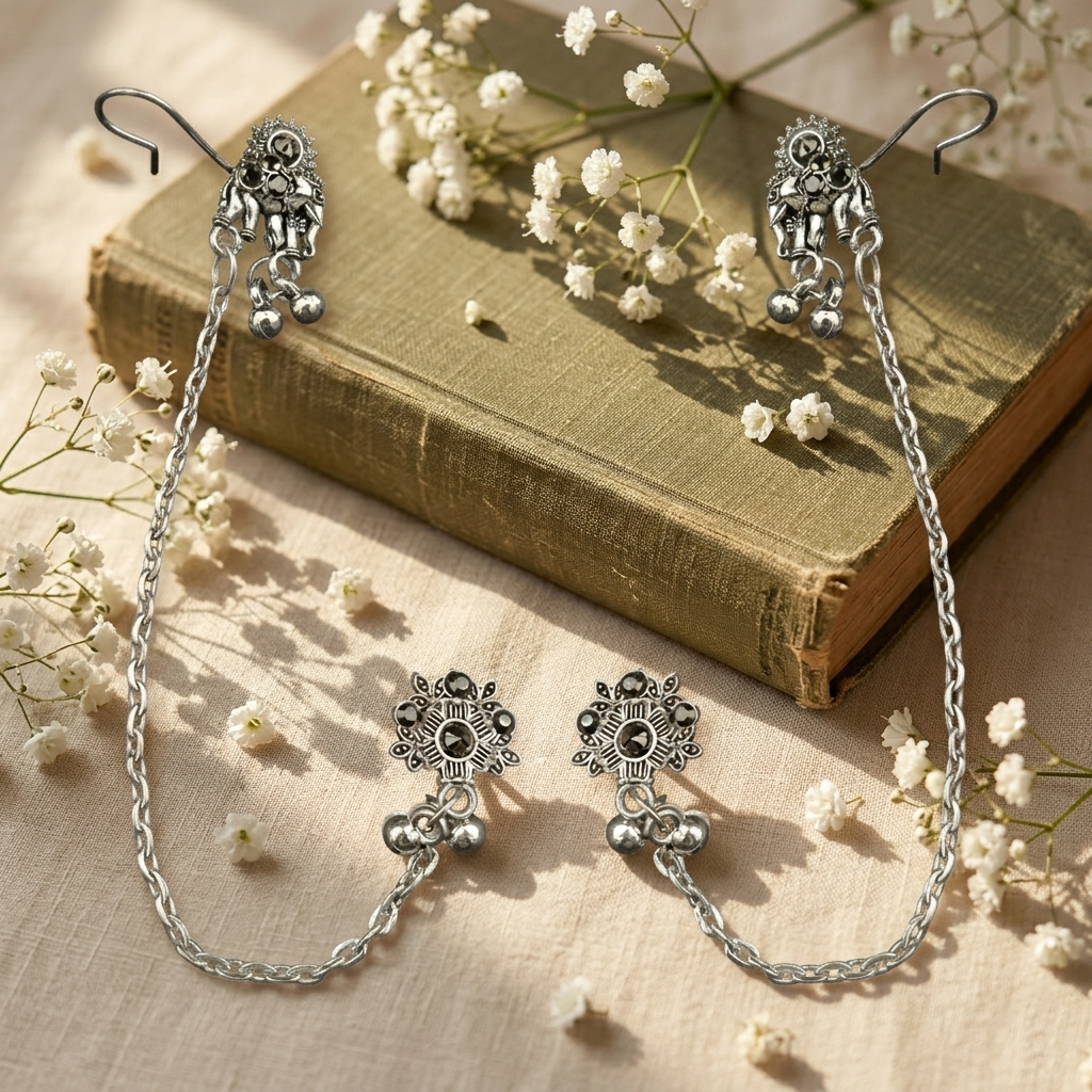 The99Jewel Oxidised Elephant Chain Ear Cuff Earrings