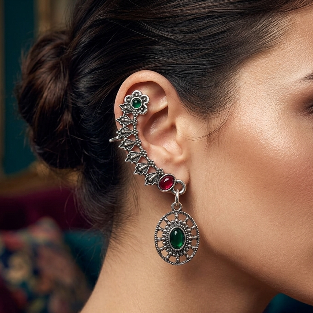 The99Jewel Oxidised Plated Pink And Green Ear Cuff For Women And Girls