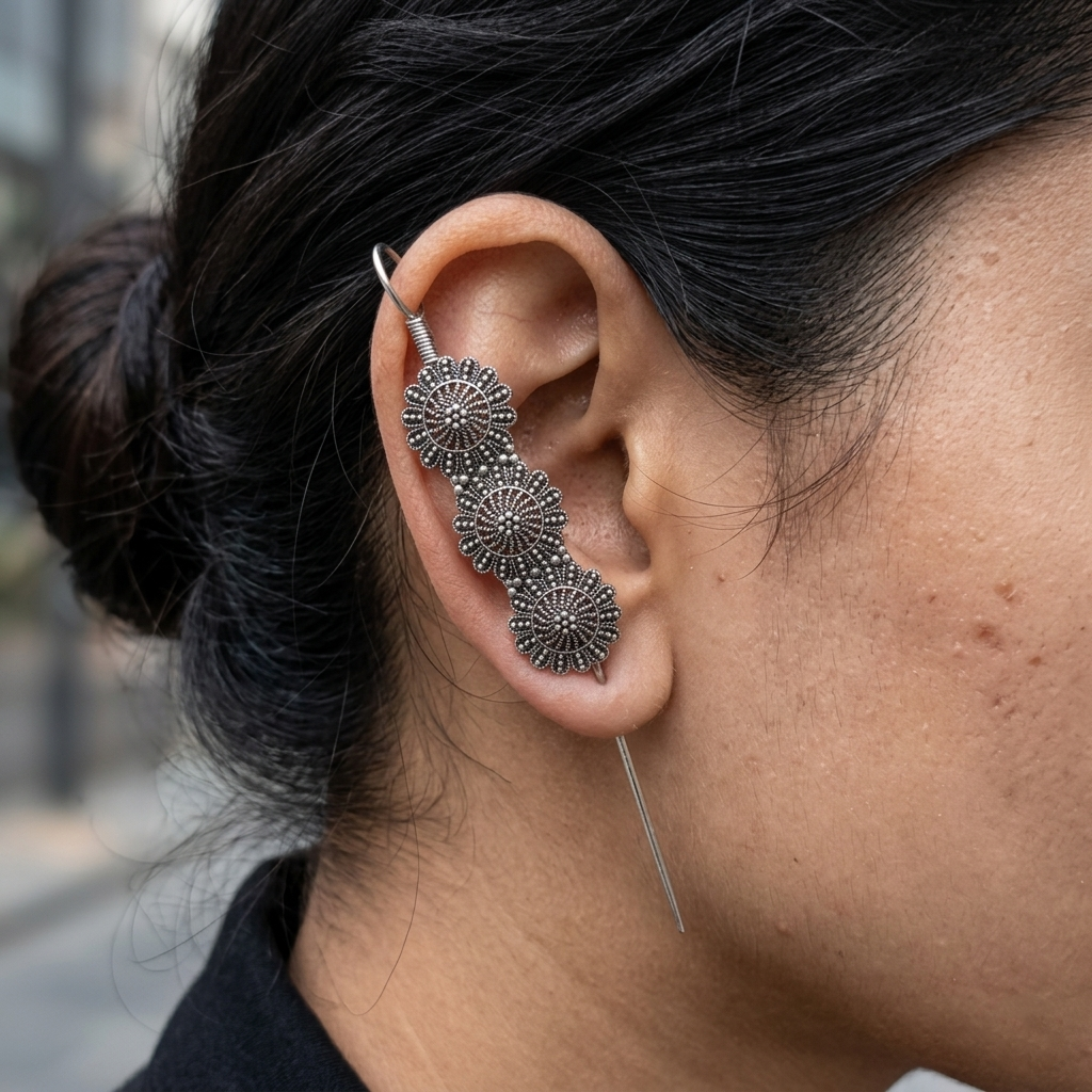 The99Jewel Oxidised Plated Floral Earcuff