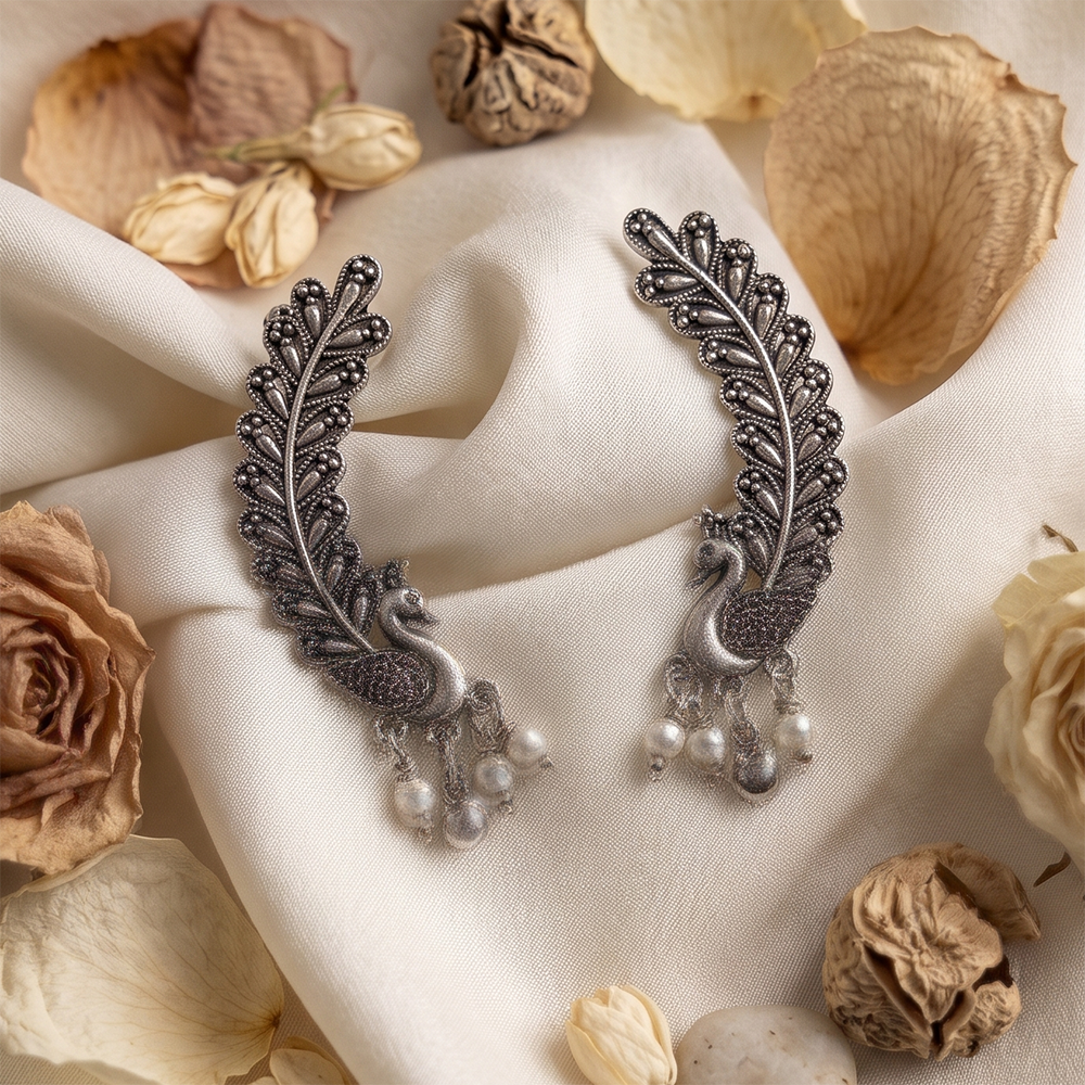 The99Jewel Oxidised Plated Peacock Earcuff