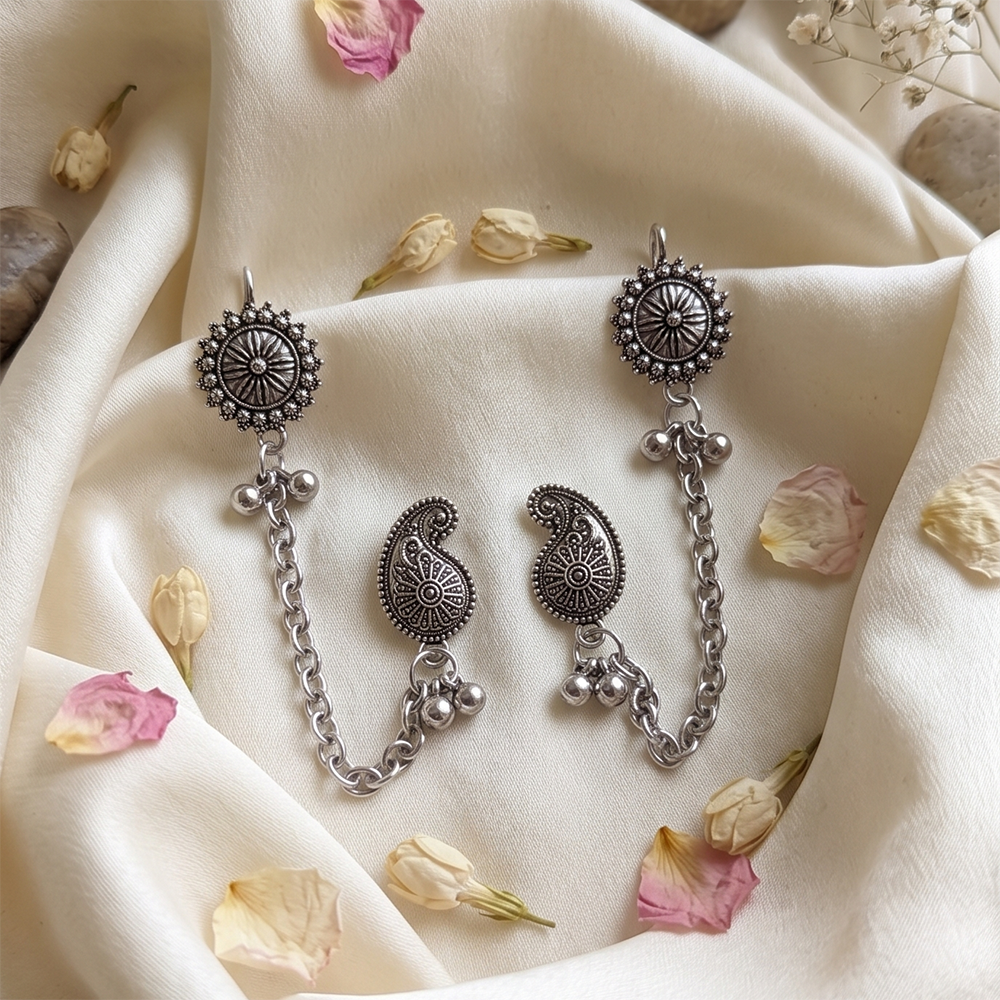 The99Jewel Boho Oxidised Paisley Chain Ear Cuff Earrings