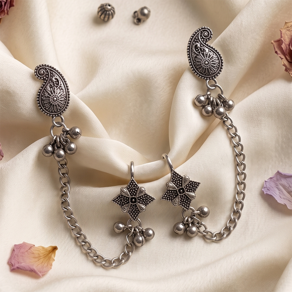 The99Jewel Boho Oxidised Paisley Chain Ear Cuff Earrings