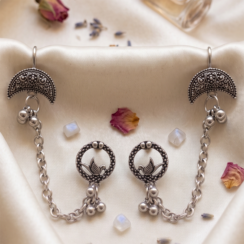 The99Jewel Oxidised Lotus Indo Western Chain Ear Cuff Earrings 
