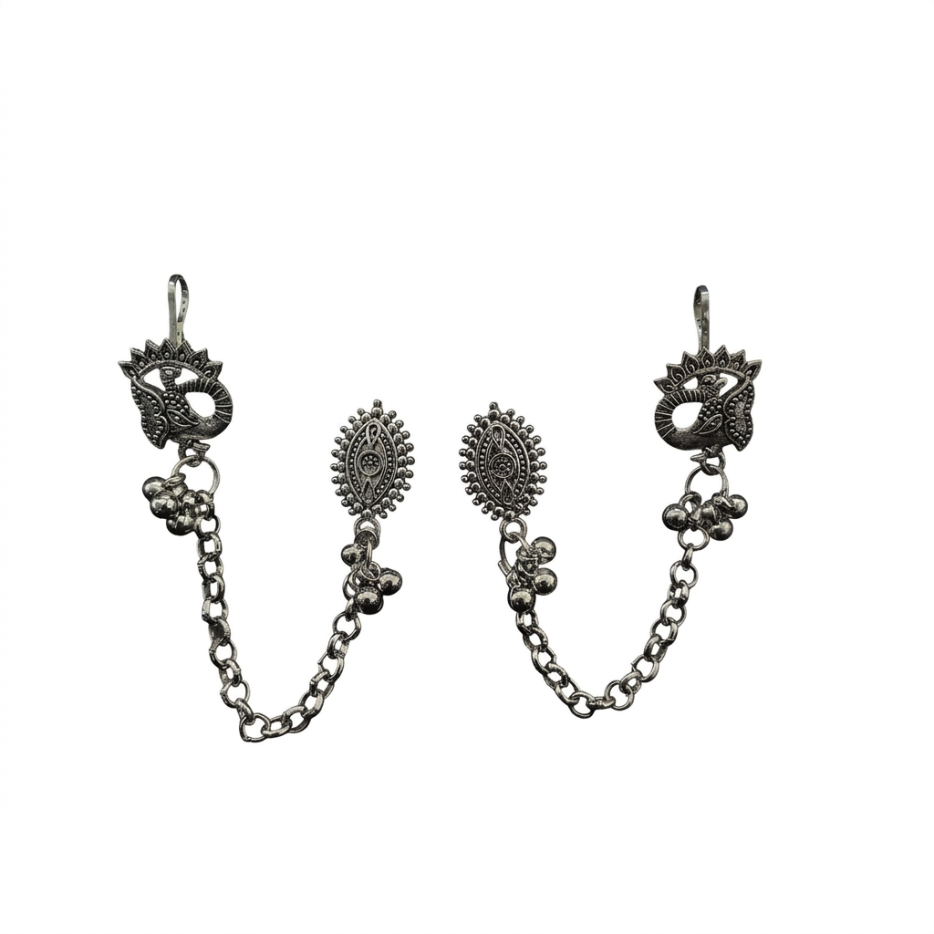 The99Jewel Oxidised Peacock Indo Western Chain Ear Cuff Earrings