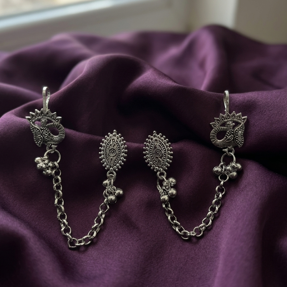 The99Jewel Oxidised Peacock Indo Western Chain Ear Cuff Earrings