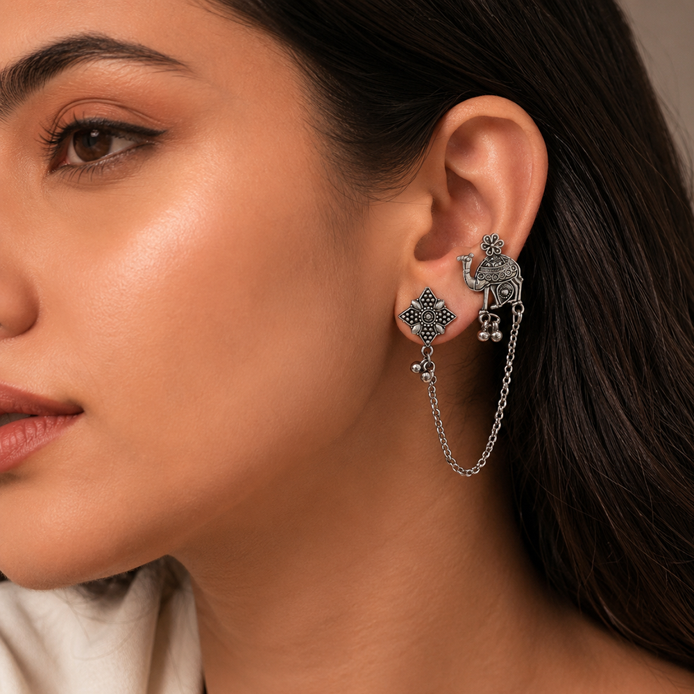 The99Jewel Oxidised Camel Indo Western Chain Ear Cuff Earrings